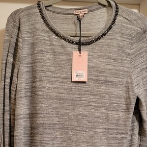 Womens Juicy Couture L/s Heather Gray Embellished Slit Sleeve Knit Top Sz M